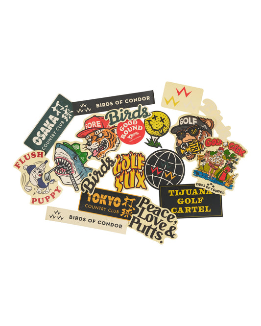 Flat-lay of assorted multi-colored golf lifestyle stickers featuring logos, text, animals, and retro illustrations.