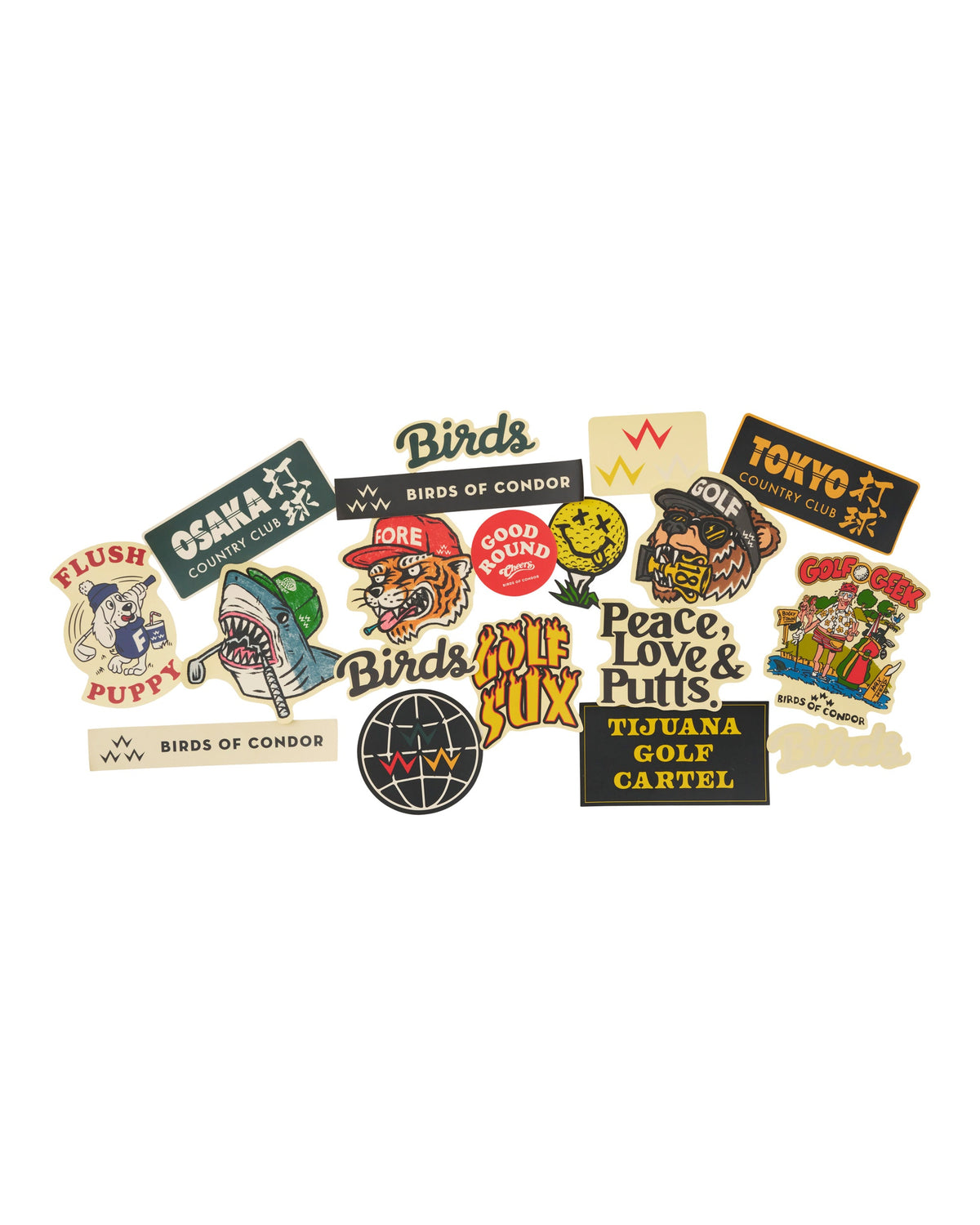 An assorted pack of nineteen stickers featuring various golf-themed logos, text, and illustrated designs.