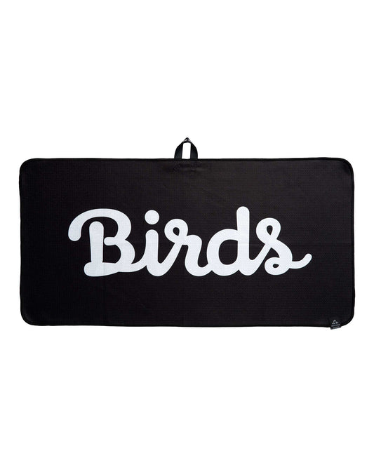 Black waffle texture golf towel featuring a large white script Birds graphic and a top hanging loop.