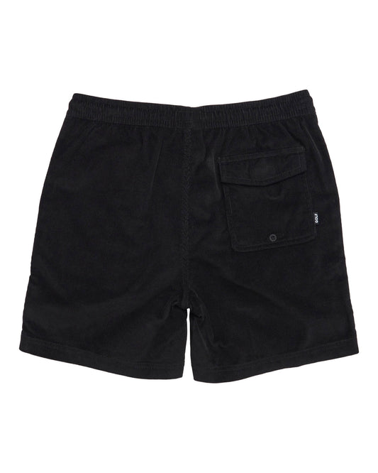 Back of black corduroy shorts featuring an elastic waistband and a velcro pocket on the right side.