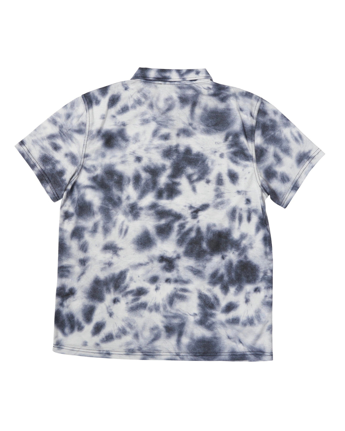 Back of a black tie-dye polo shirt with short sleeves and a traditional collar.