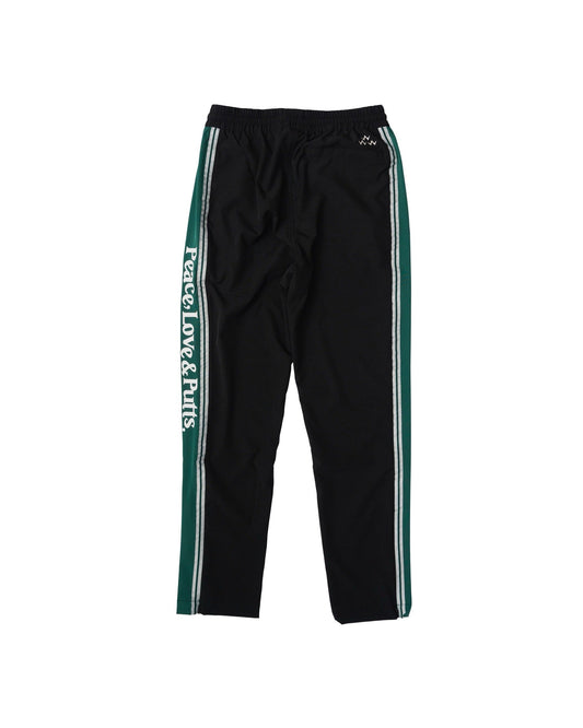 Back of black pants with green side stripes, white piping, and a printed Peace script down the leg.