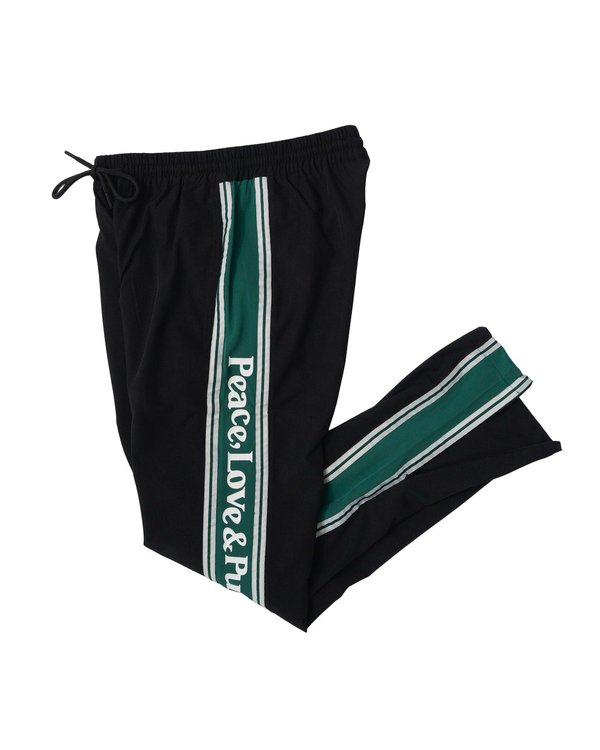 Black pants with green and white side stripes, white script text down the left leg, and an elastic waist.