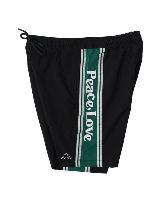 Black shorts featuring a green side stripe with white Peace, Love script and an elasticated waist.
