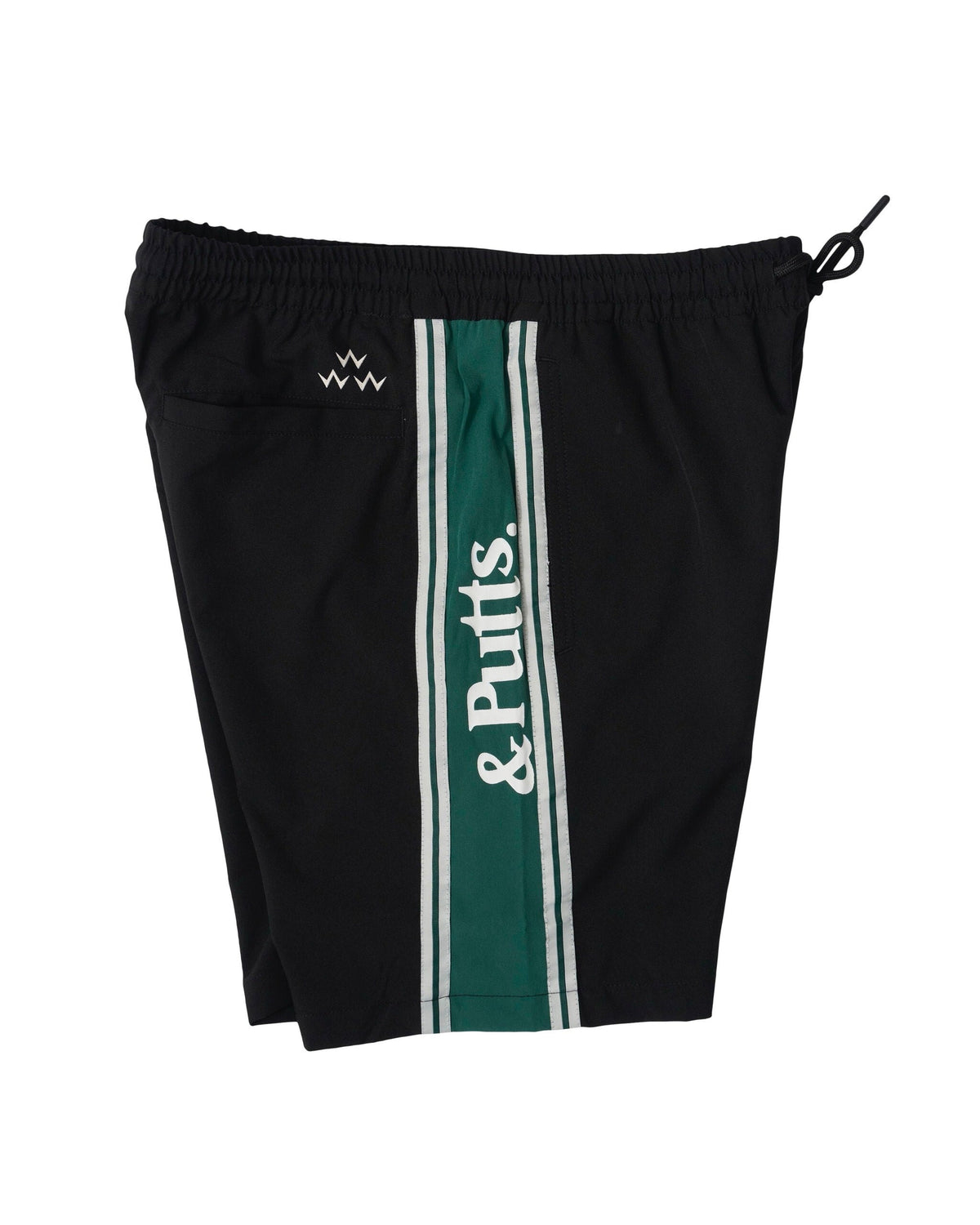 Black shorts with elastic waist, featuring a green side stripe with white script and triple crown logo.