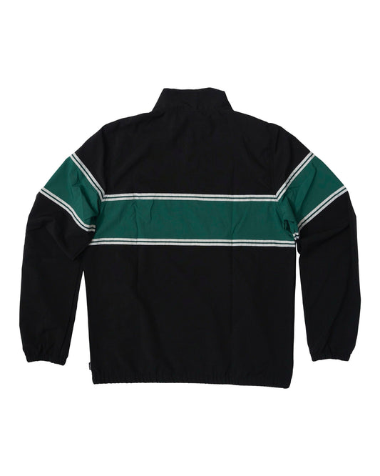 Back of a black and green jacket with a wide horizontal green stripe bordered by white piping.