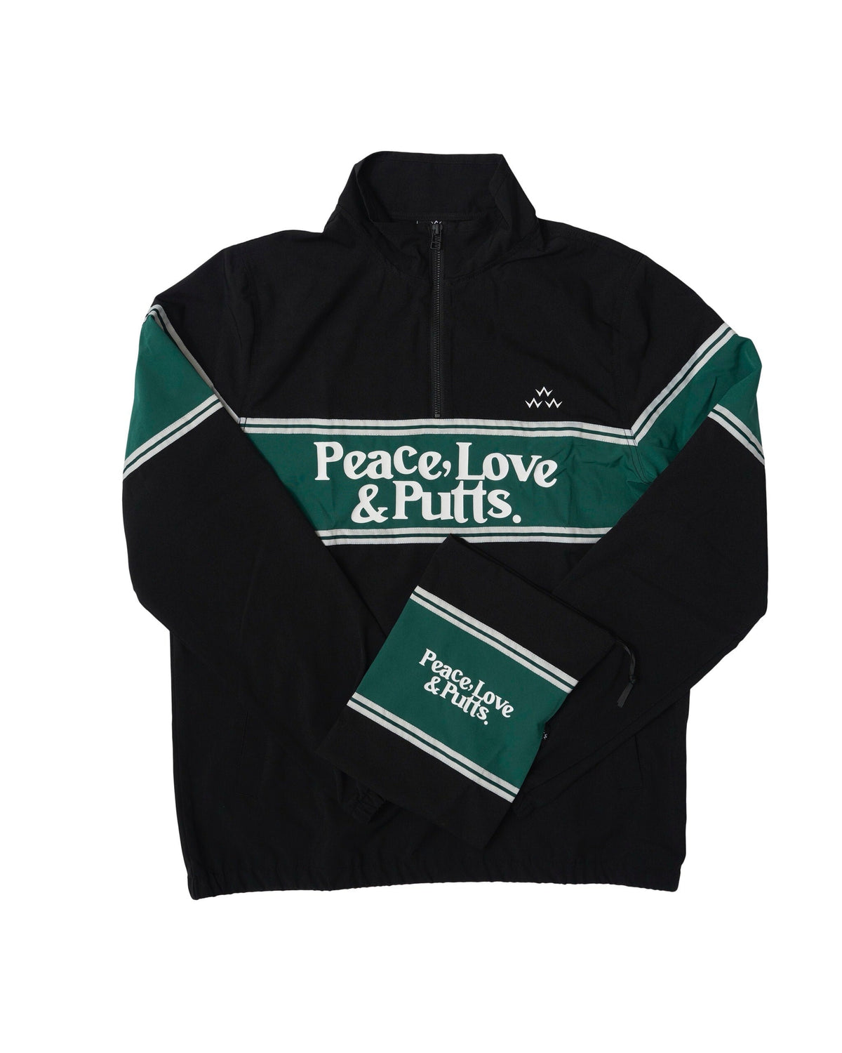 Black and green jacket with a quarter zip, white chest stripe, and matching carry bag.