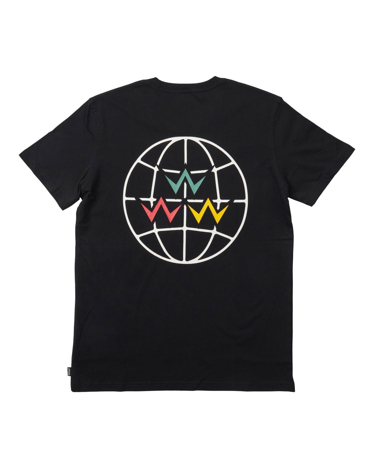 Back of a black crew neck t-shirt with a white globe graphic and multi-coloured W letters inside.