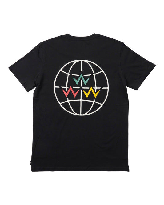 Back of a black crew neck t-shirt with a white globe graphic and multi-coloured W letters inside.
