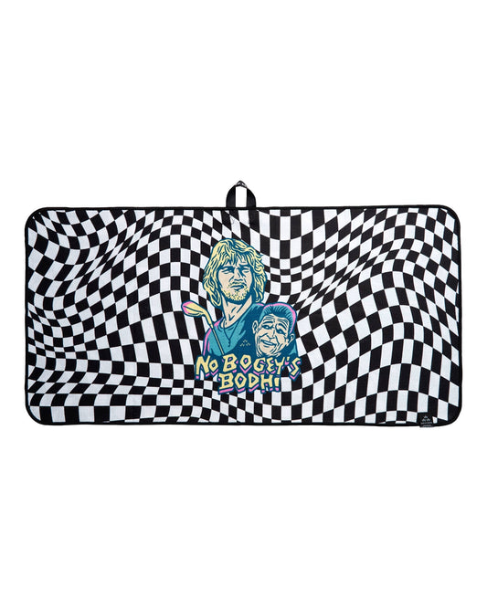 Black and white checkered golf towel with a central graphic of two men and the text NO BOGEYS BODHI.