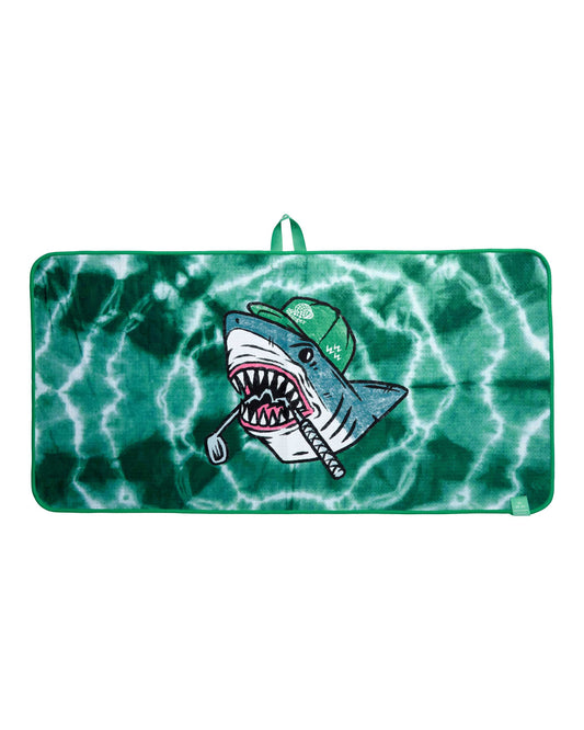 Green tie-dye golf towel featuring a shark wearing a green cap and holding a golf club in its mouth.
