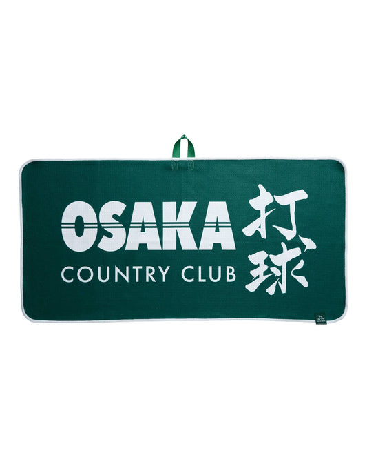 Alpine green golf towel with a waffle texture, white piping, and a printed white Osaka Country Club logo.