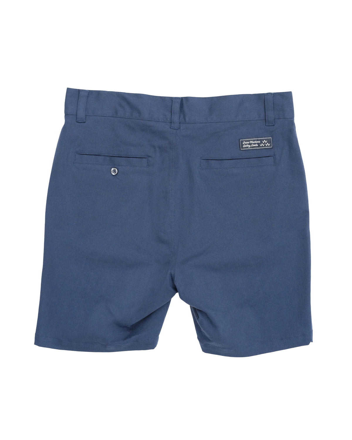 Back of light navy shorts with a fixed waistband, belt loops, dual welt pockets, and a rectangular brand label.