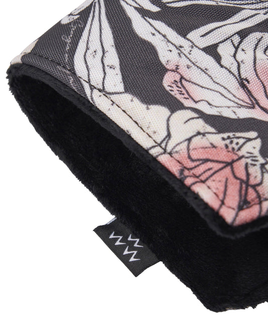 Detail of an azalea blade putter headcover with pink floral print and black velvet inner lining.