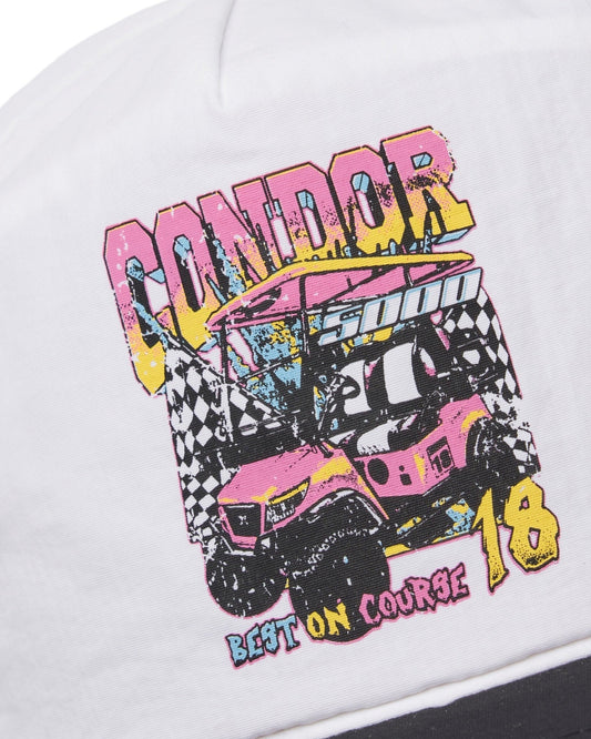 Detail of a white snapback featuring a colorful graphic of a pink golf cart, checkered flags, and text.