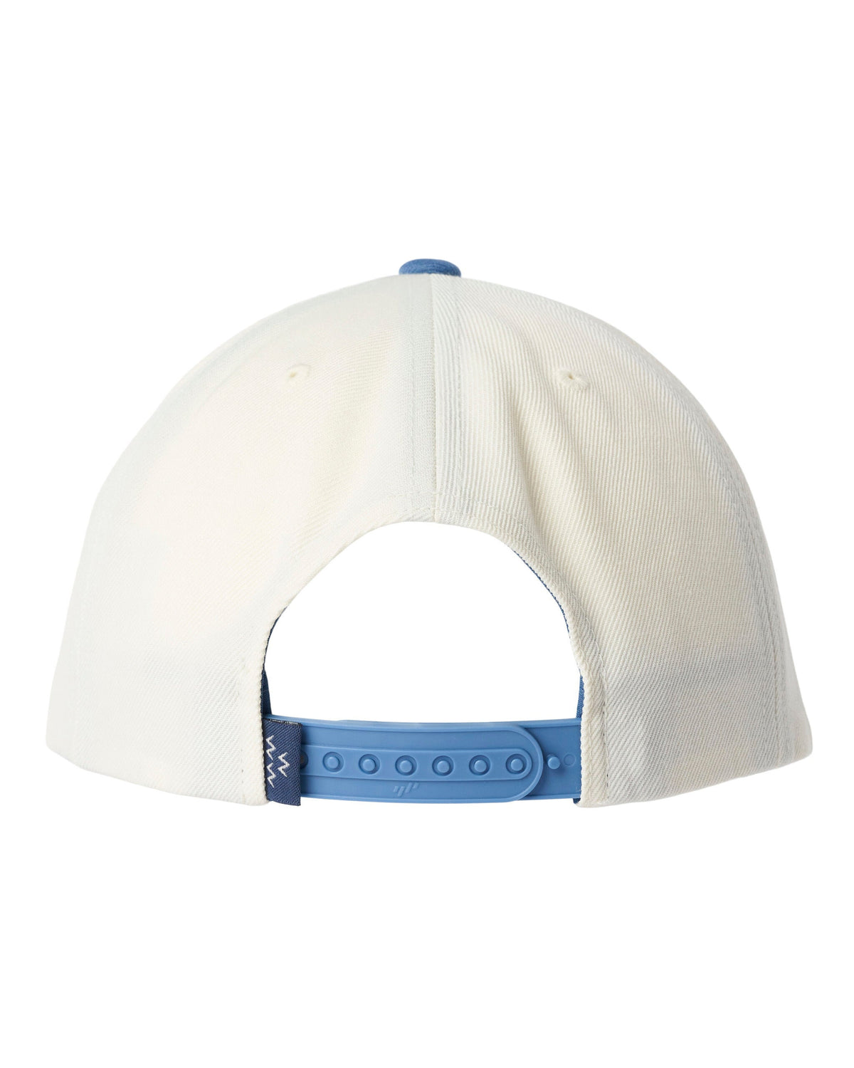 Back of an off-white five panel snapback hat with a blue plastic strap and matching top button.