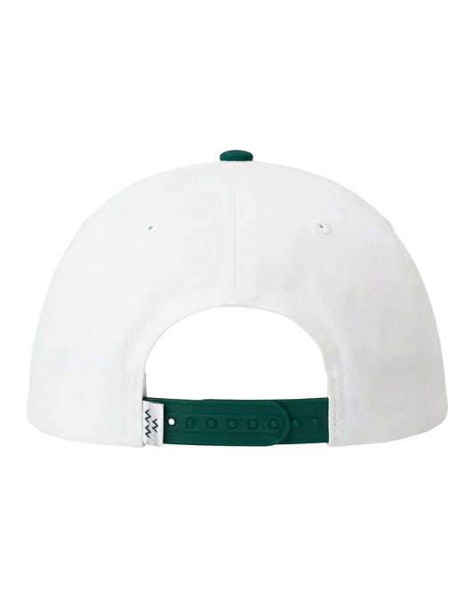 White cap with a green strap on a white background