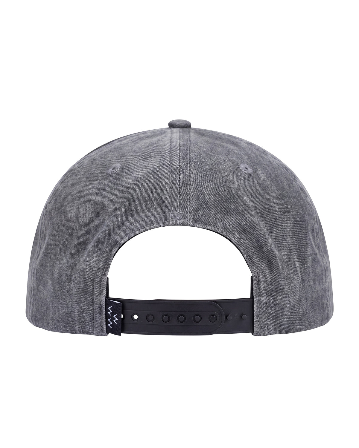 Black denim snapback hat in back view, showing its adjustable strap and small logo tag.