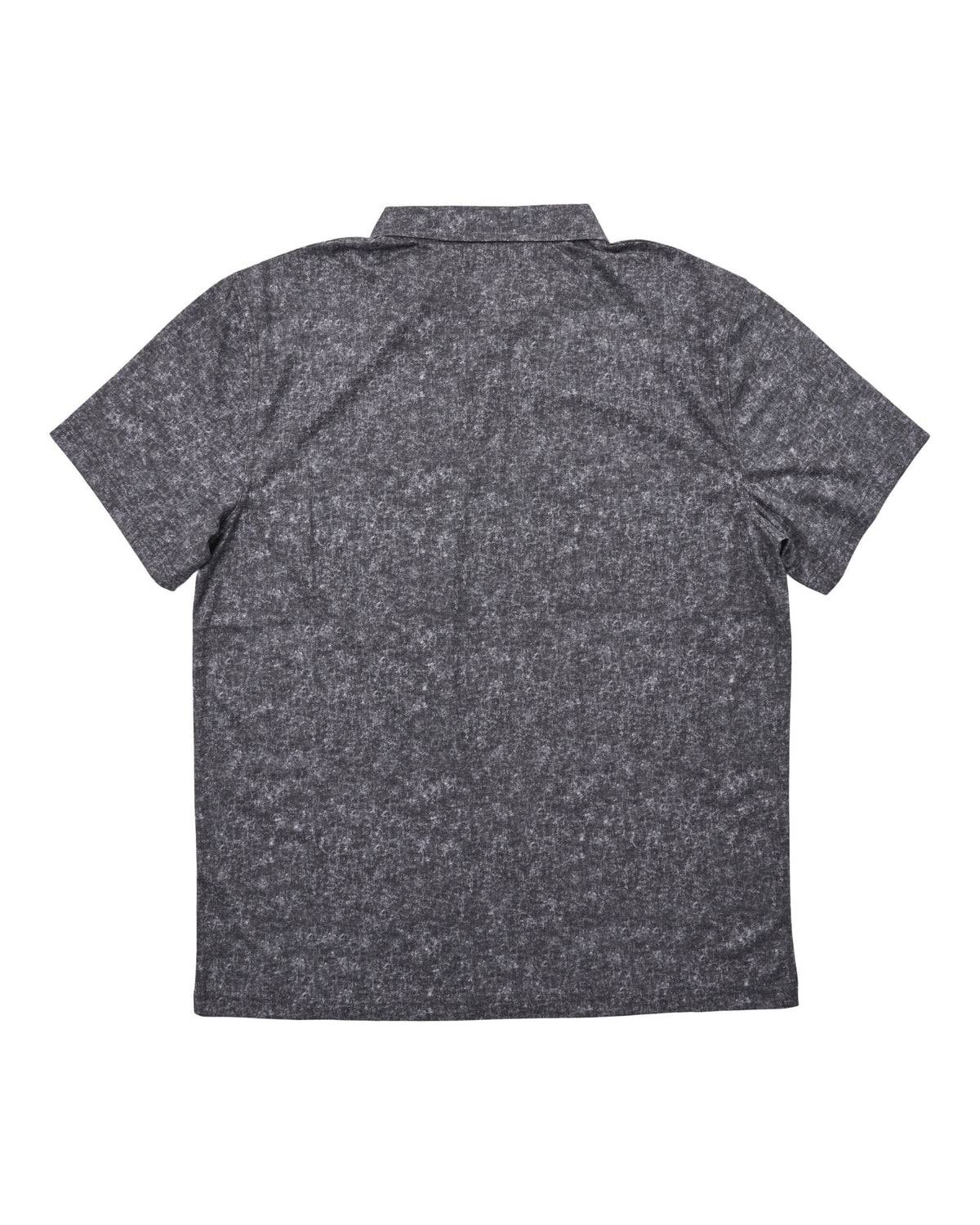 Back of an acid black polo shirt featuring a mottled print and a classic folded collar.