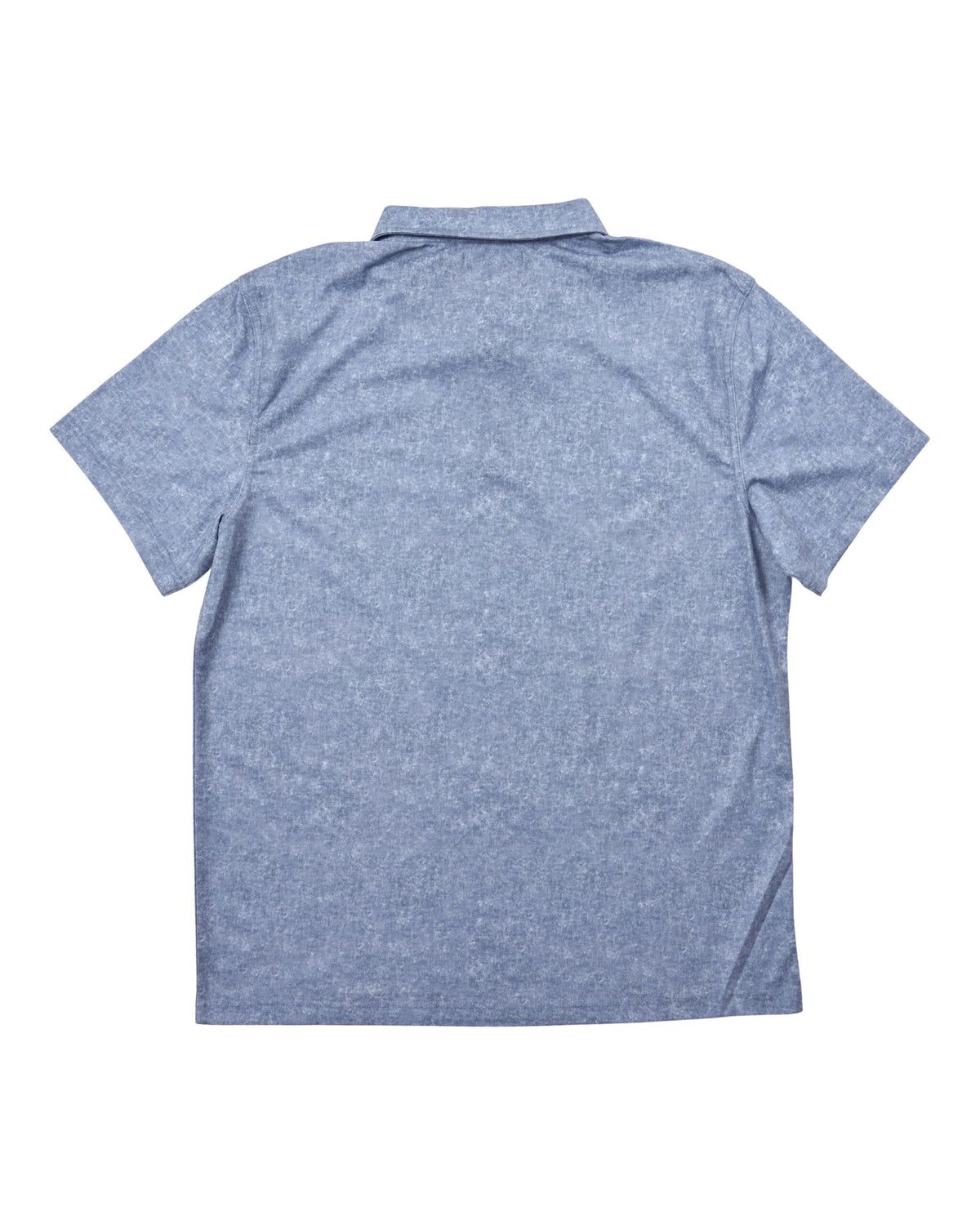 Back of an acid blue polo shirt featuring an all-over acid print and a classic fold-down collar.