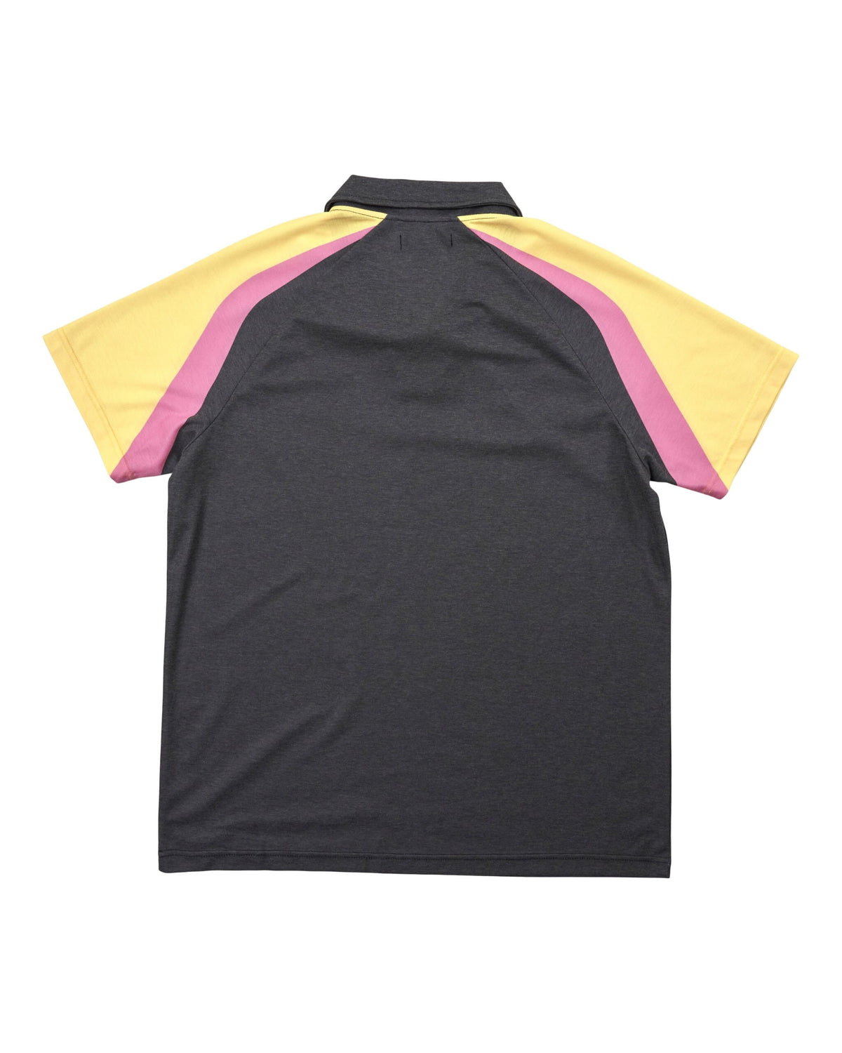 Back of a black polo shirt featuring yellow and pink race stripes across the shoulders and sleeves.
