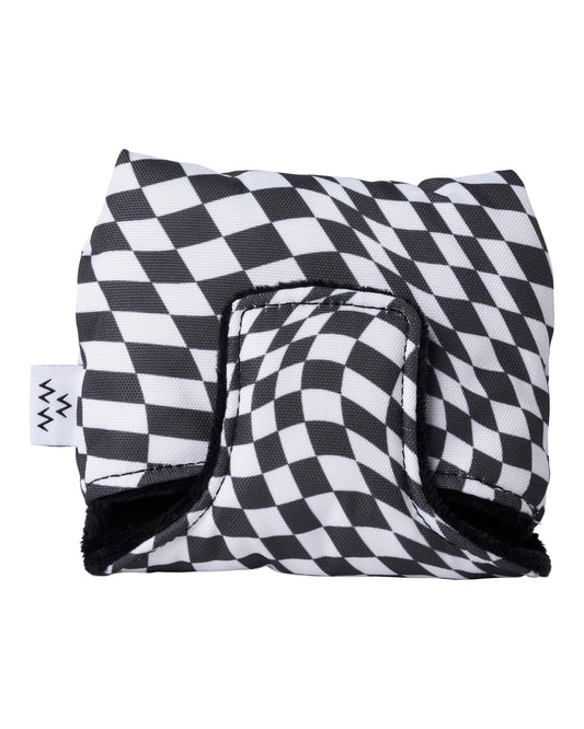 Black and white checkered mallet putter headcover with a magnetic closure flap and a small side tag.