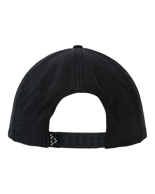 Back of a black enzyme-washed snapback hat with an adjustable strap and a zig-zag logo detail.