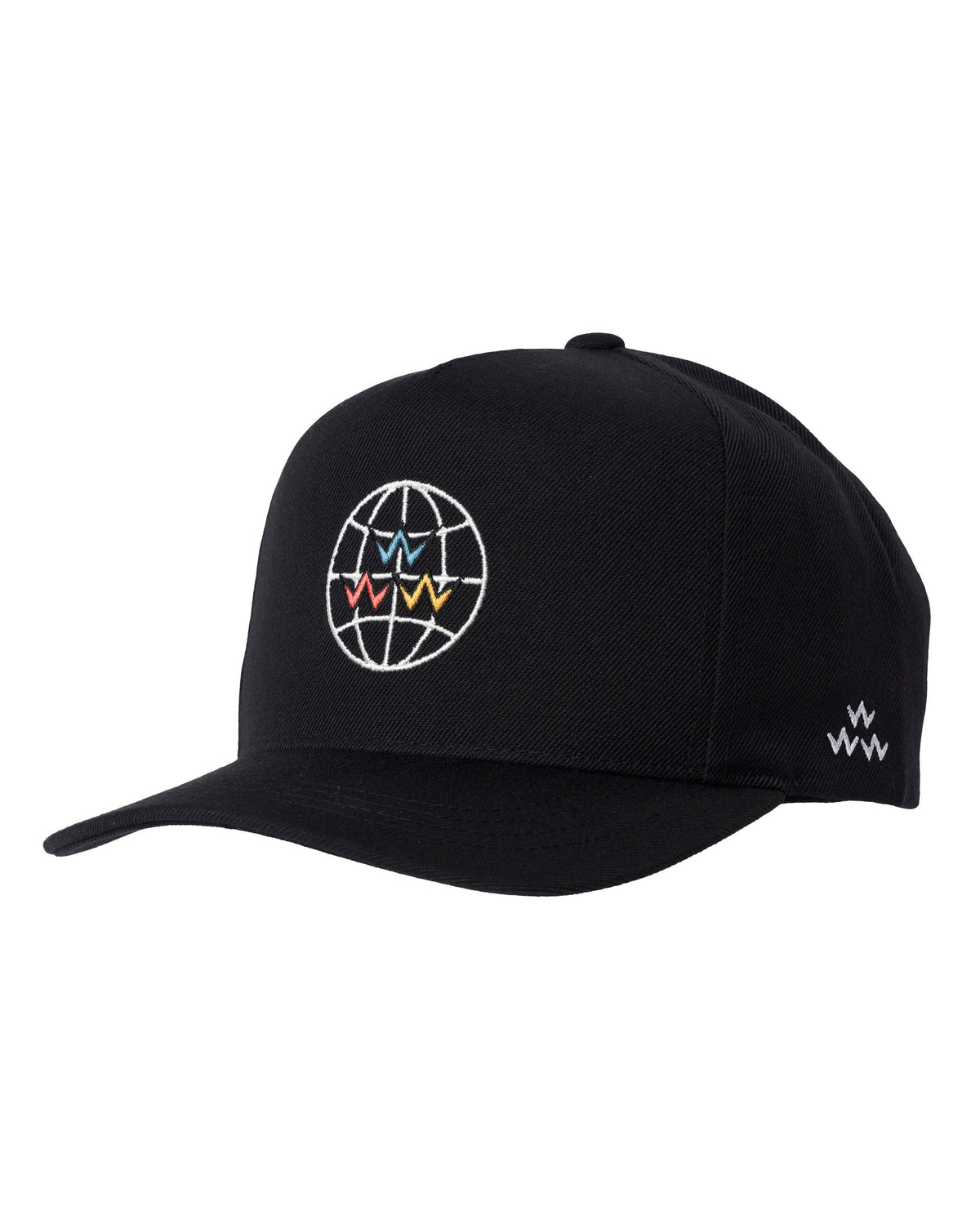 Front view of Black 5-Panel Golf Cap with Plastic Snap Curve Brim, Wool/Acrylic Blend, and Signature Birds of Condor Internal Taping