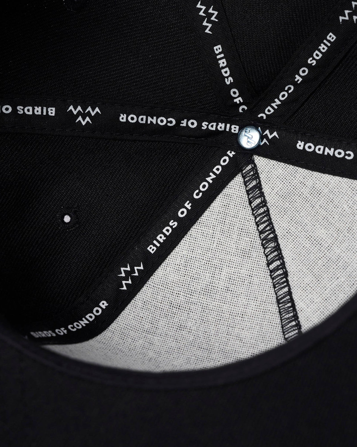 Interior close-up of Black 5-Panel Golf Cap showcasing Signature Birds of Condor Internal Taping.
