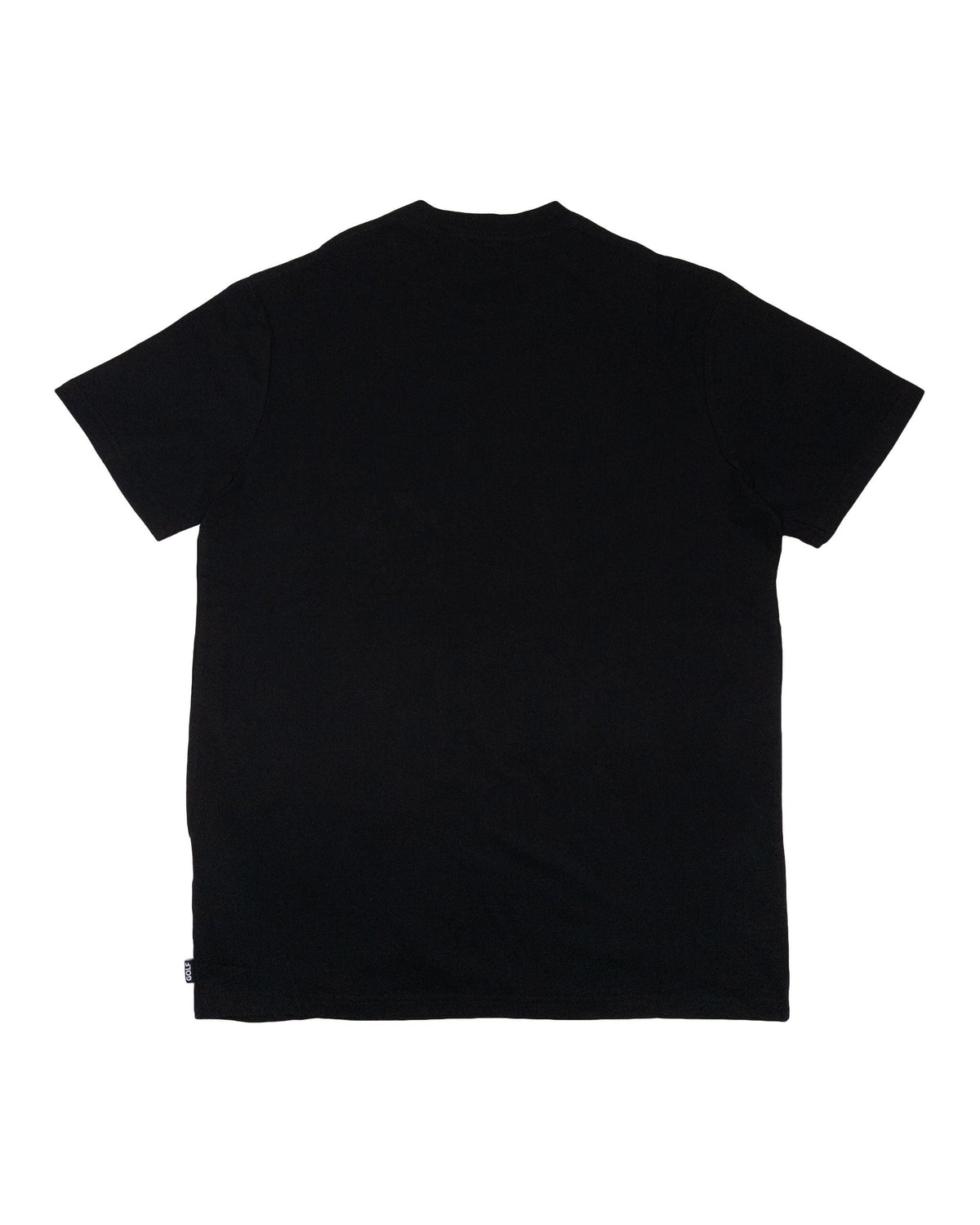 Back of a plain black cotton t-shirt with short sleeves and a small woven label on the bottom hem.