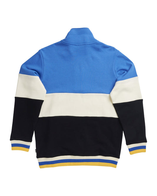 Back of an off-white, black, and blue colour-blocked sweater with a quarter zip and ribbed hem.