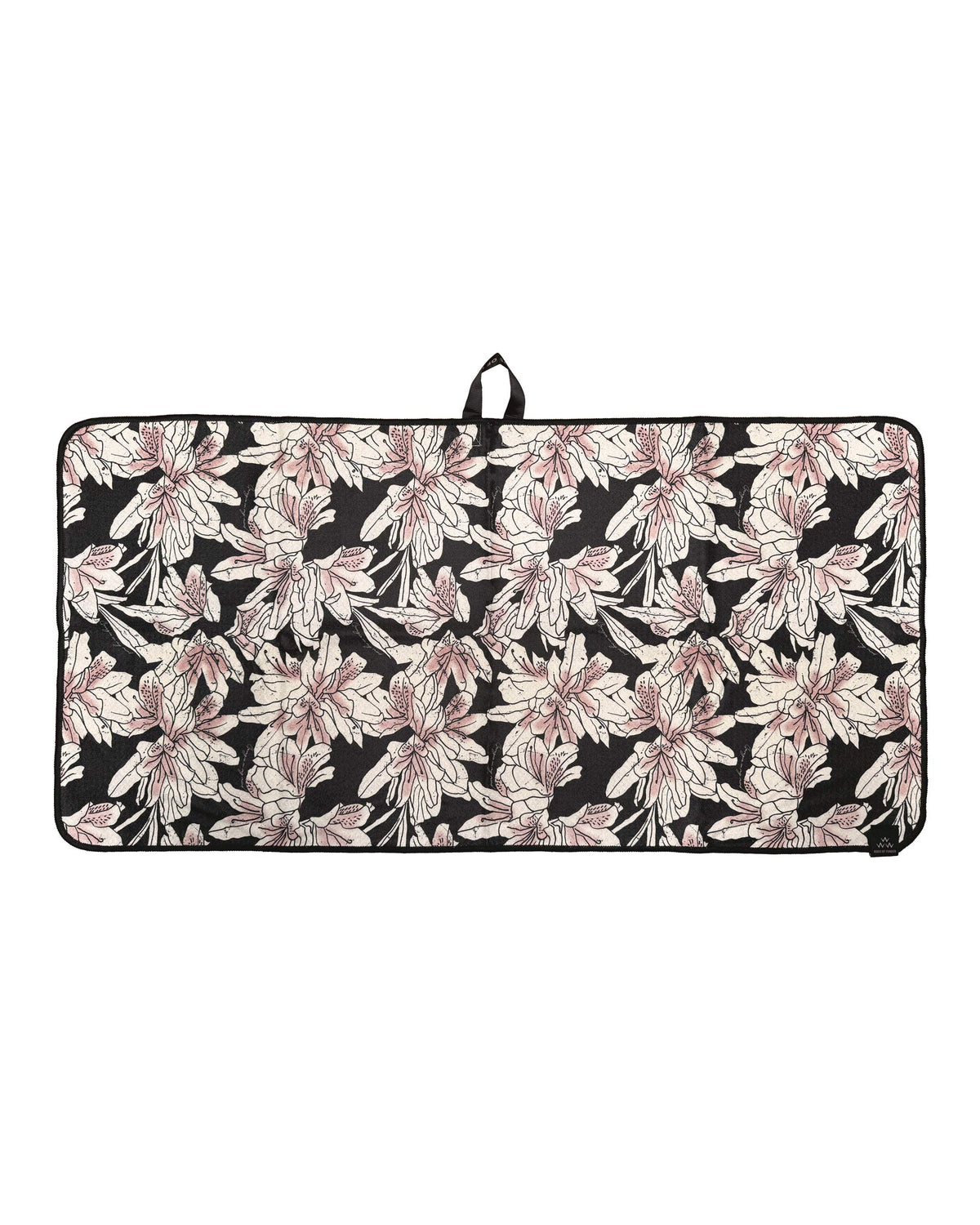 An azalea golf towel with a black background and an all-over pink floral print, featuring a black loop hanger.