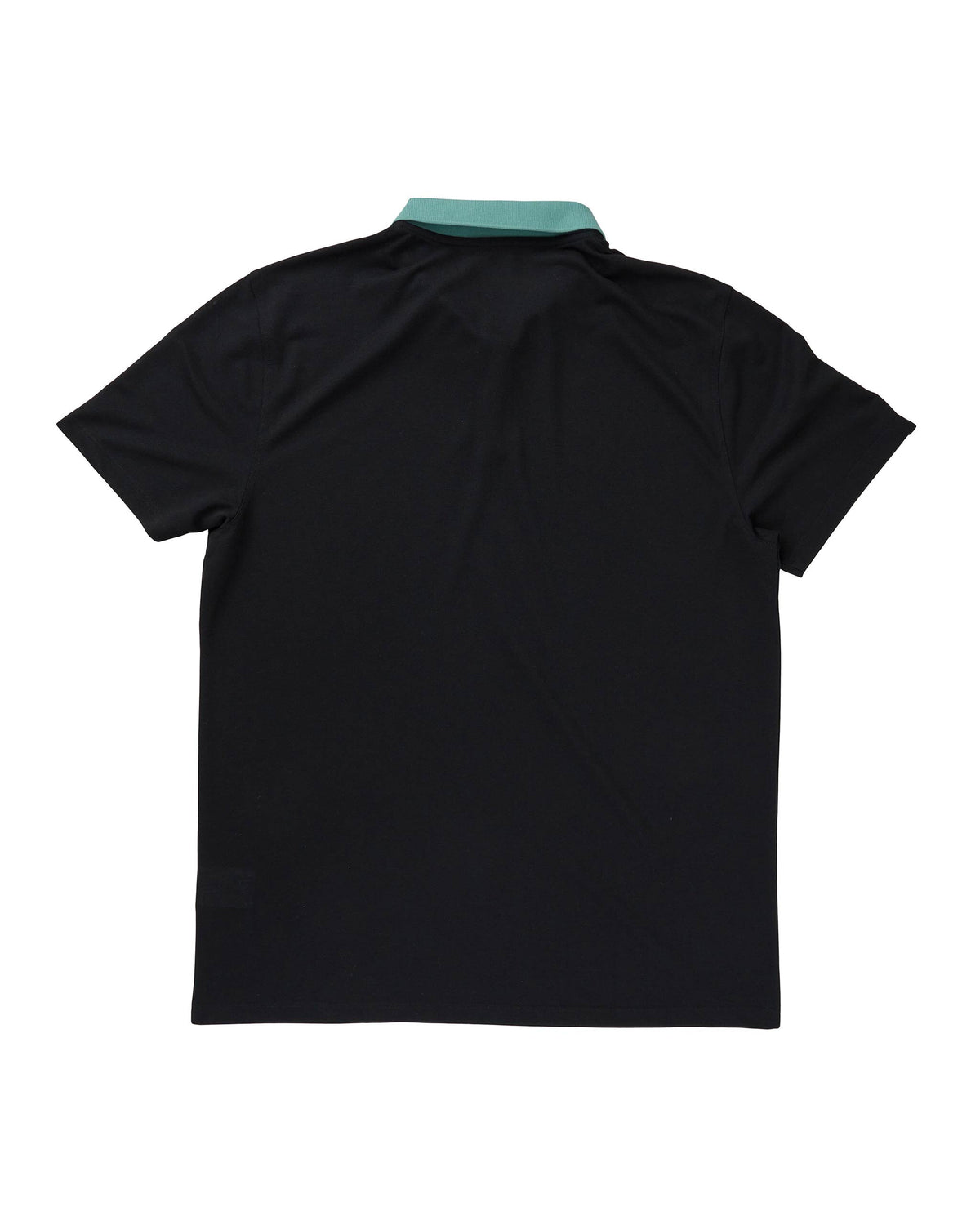 Back of a black polo shirt featuring short sleeves and a contrasting green collar.