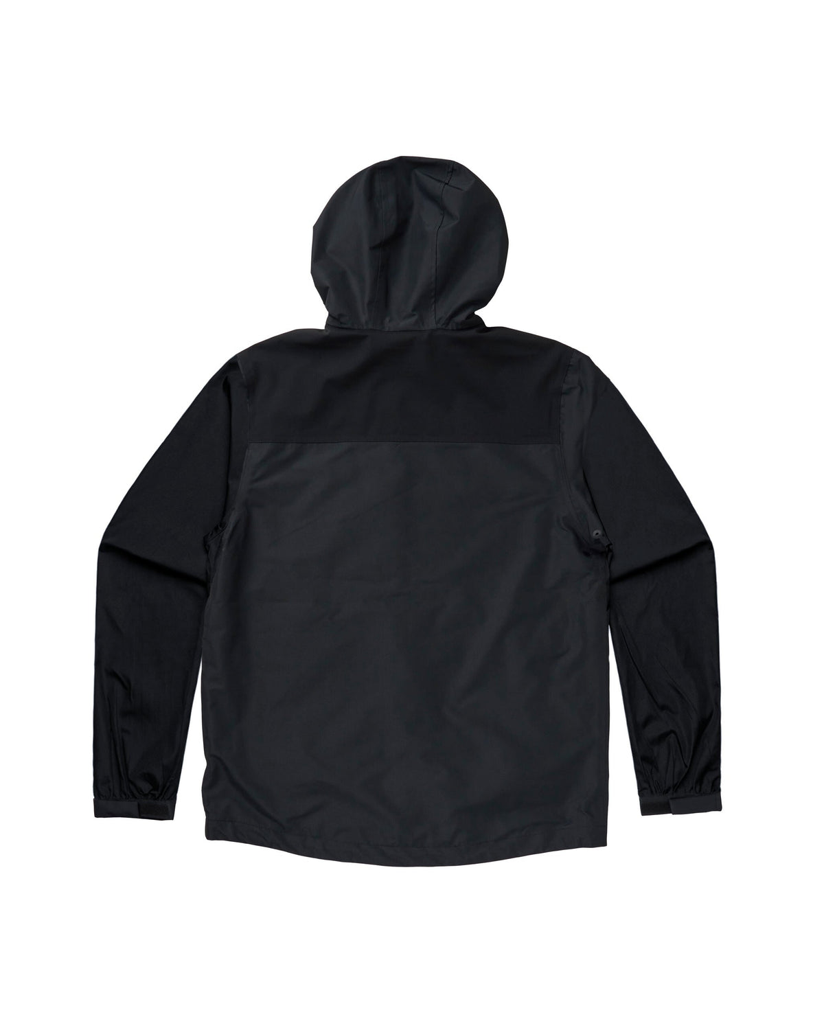 Back of a black rain jacket with a hooded collar and a horizontal shoulder stretch panel.