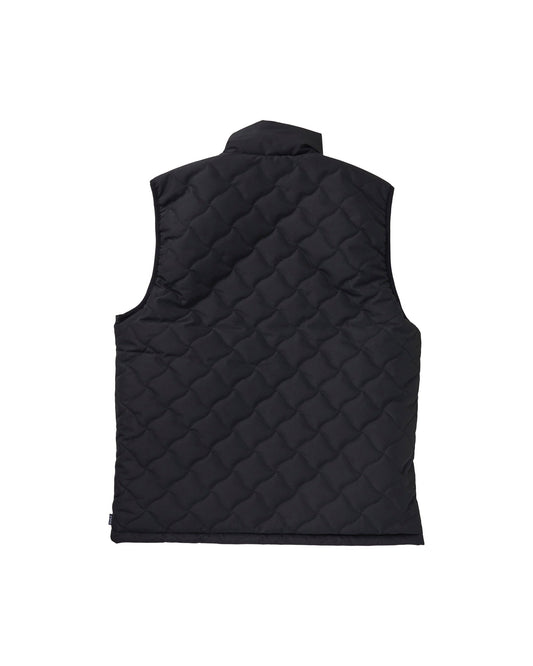 Back of a black reversible vest with warped argyle quilting and a high collar.