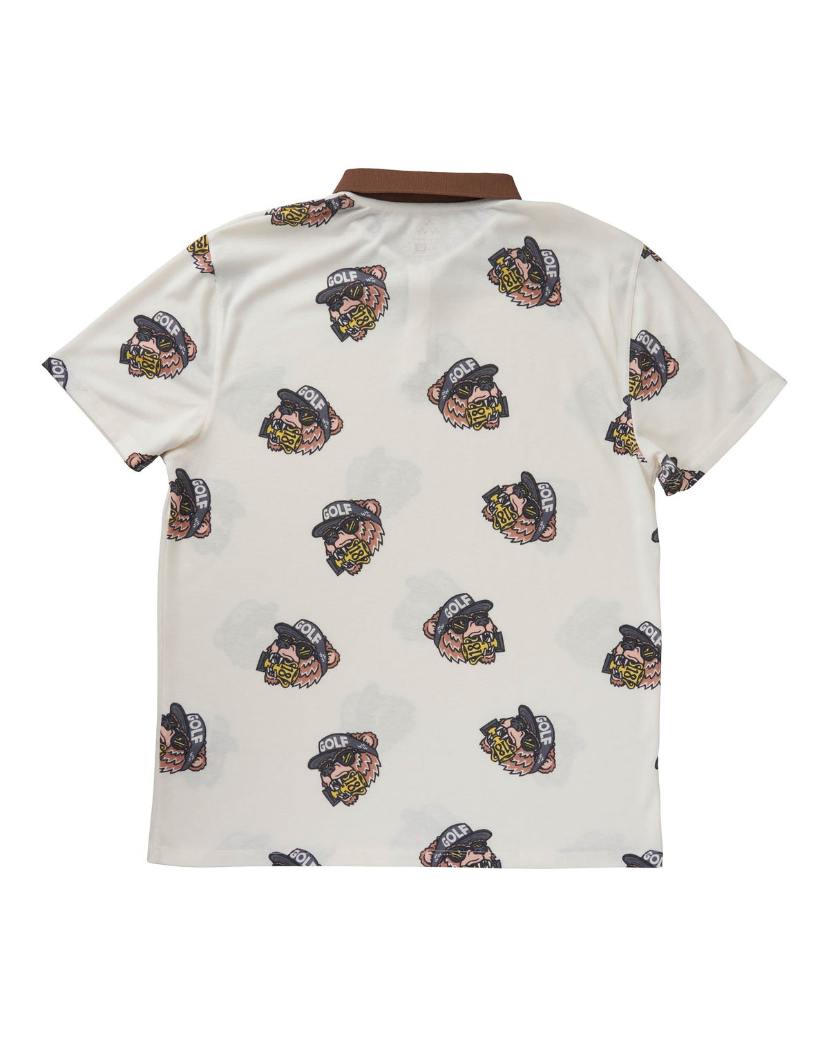 Back of an off-white polo shirt with all-over repeat bear graphic and a brown ribbed collar.