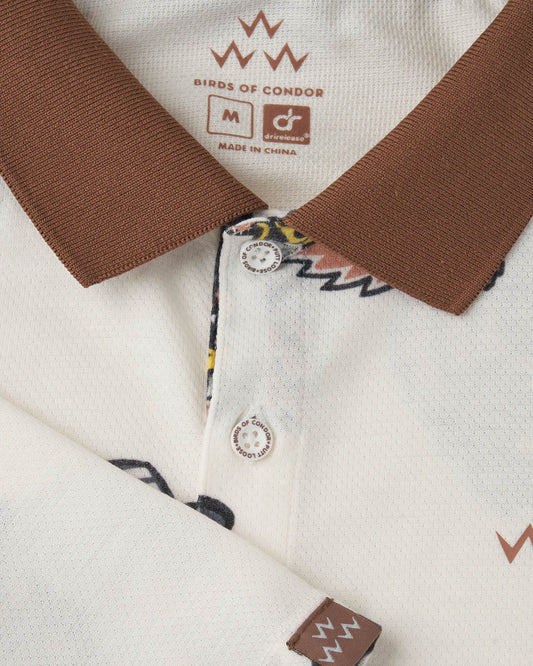 Detail of an off-white polo shirt with a brown ribbed collar, branded buttons, and an all-over print.