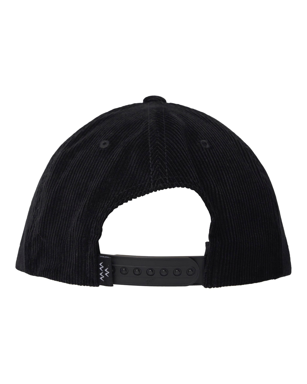 Back of a black corduroy snapback with an adjustable plastic strap and small logo tag.