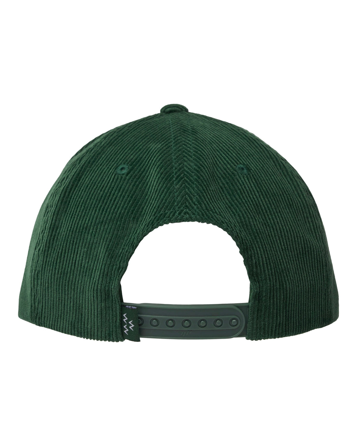 Back of alpine green corduroy snapback with an adjustable strap and a small printed logo tag.