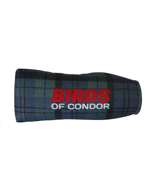 Blue and green plaid headcover featuring a red and white Birds of Condor logo across the front.