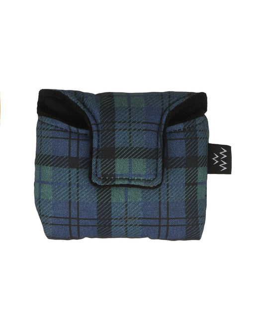Blue and green plaid mallet putter headcover featuring a magnetic closure flap and black trim.
