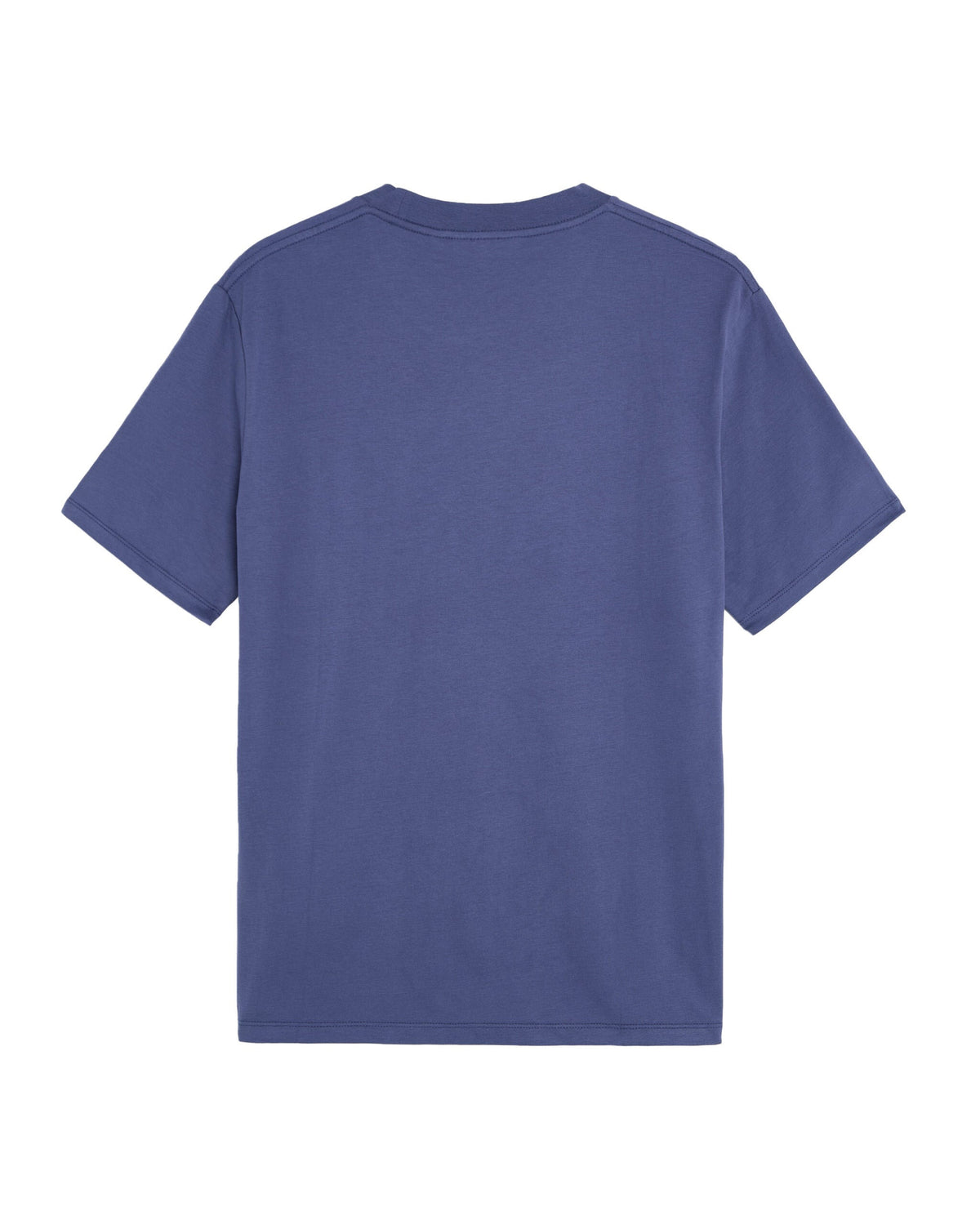 Back of a crown blue cotton t-shirt with short sleeves and a plain solid finish.