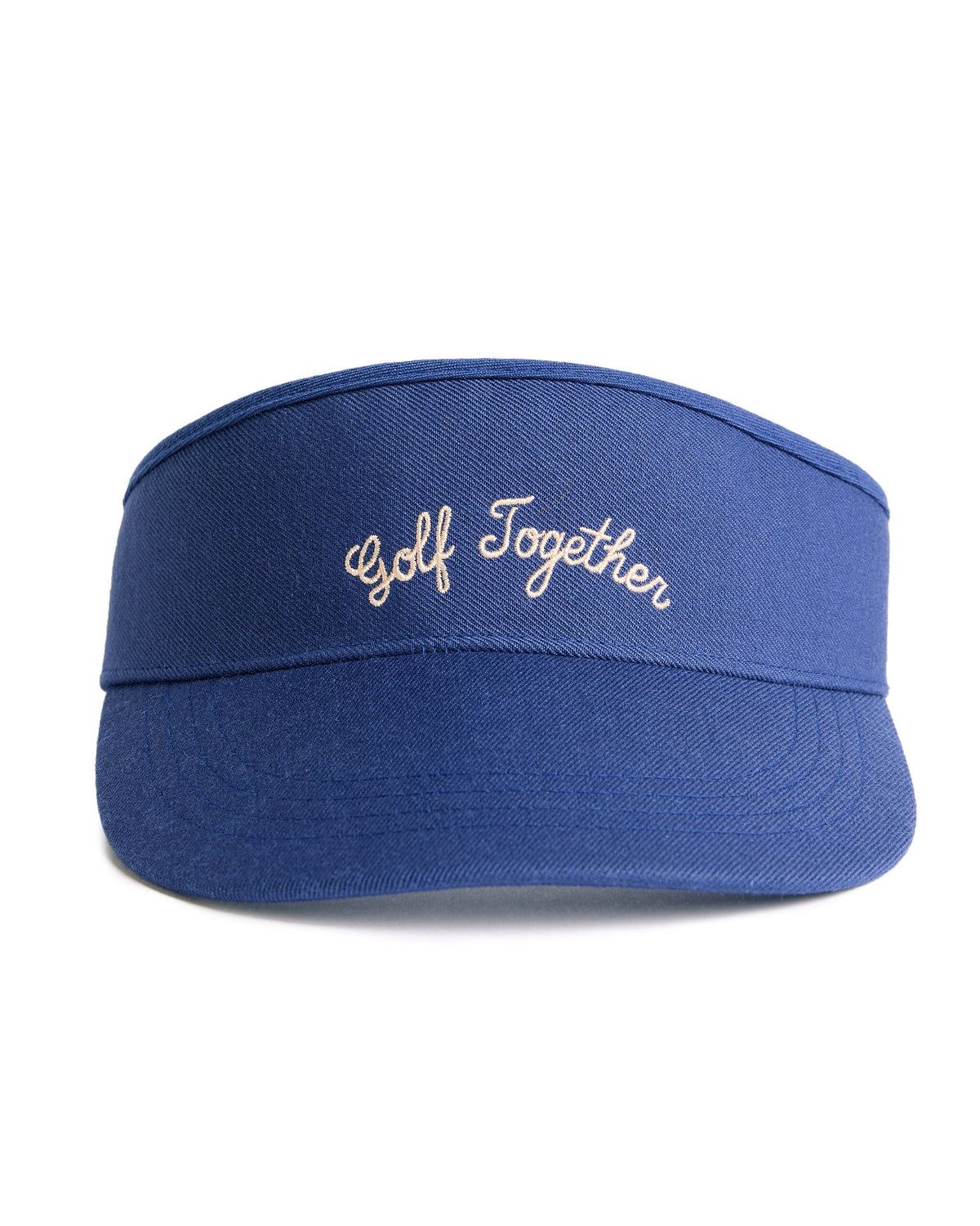 Navy cotton tour visor featuring embroidered light-colored cursive script across the front band.