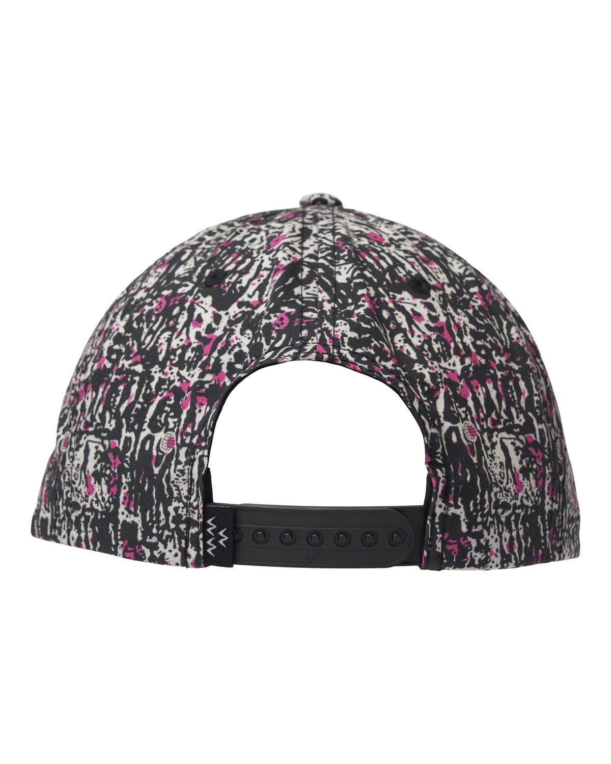 Back of a black motley cotton snapback cap with an all-over abstract yardage print and a black strap.
