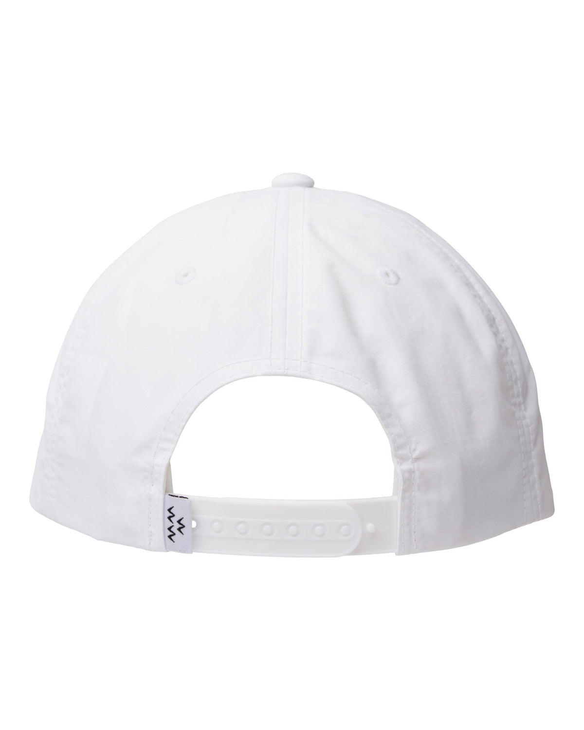 Back of a white five panel nylon cap with a plastic snap closure and a small patterned label on the strap.