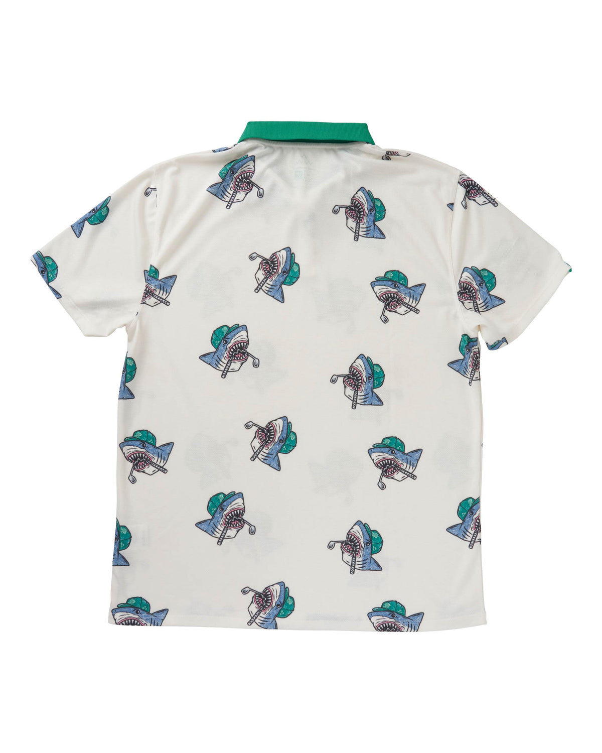 Back of an off-white polo shirt with an all-over shark graphic and green ribbed collar.