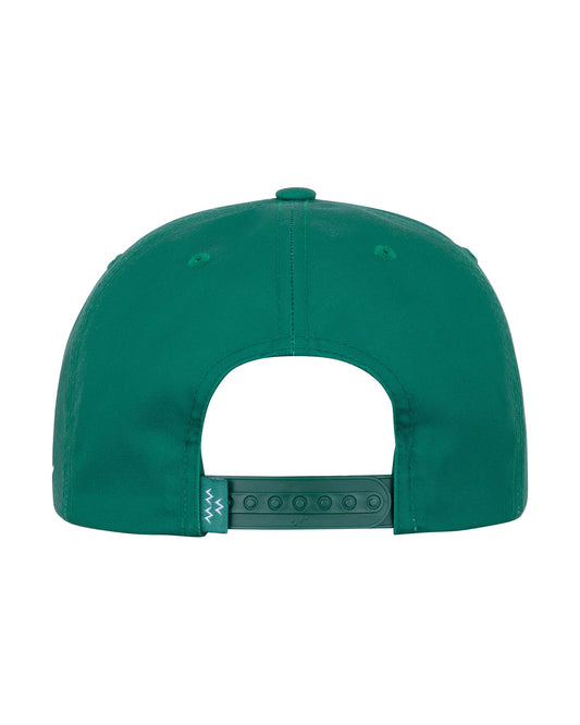 Back of a green snapback hat featuring an adjustable strap and a small woven label.