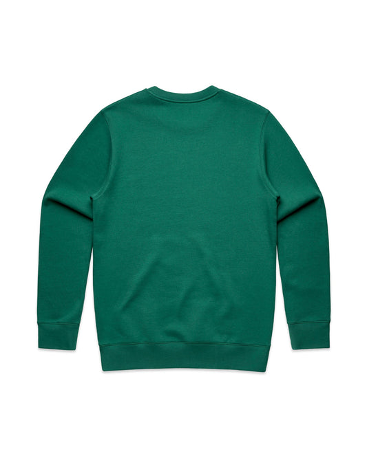 Back of an alpine green organic cotton crewneck sweater featuring ribbed cuffs and hem.