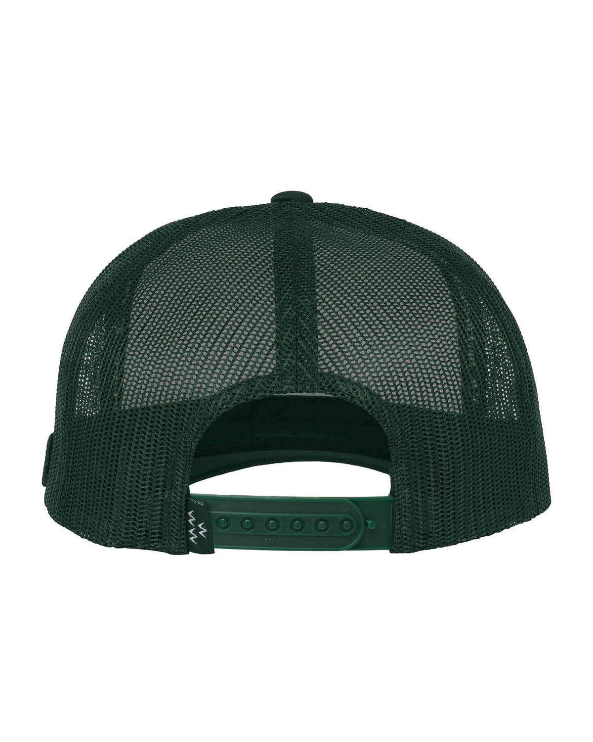 Back of a green trucker hat showing its mesh panels and adjustable plastic snapback closure.