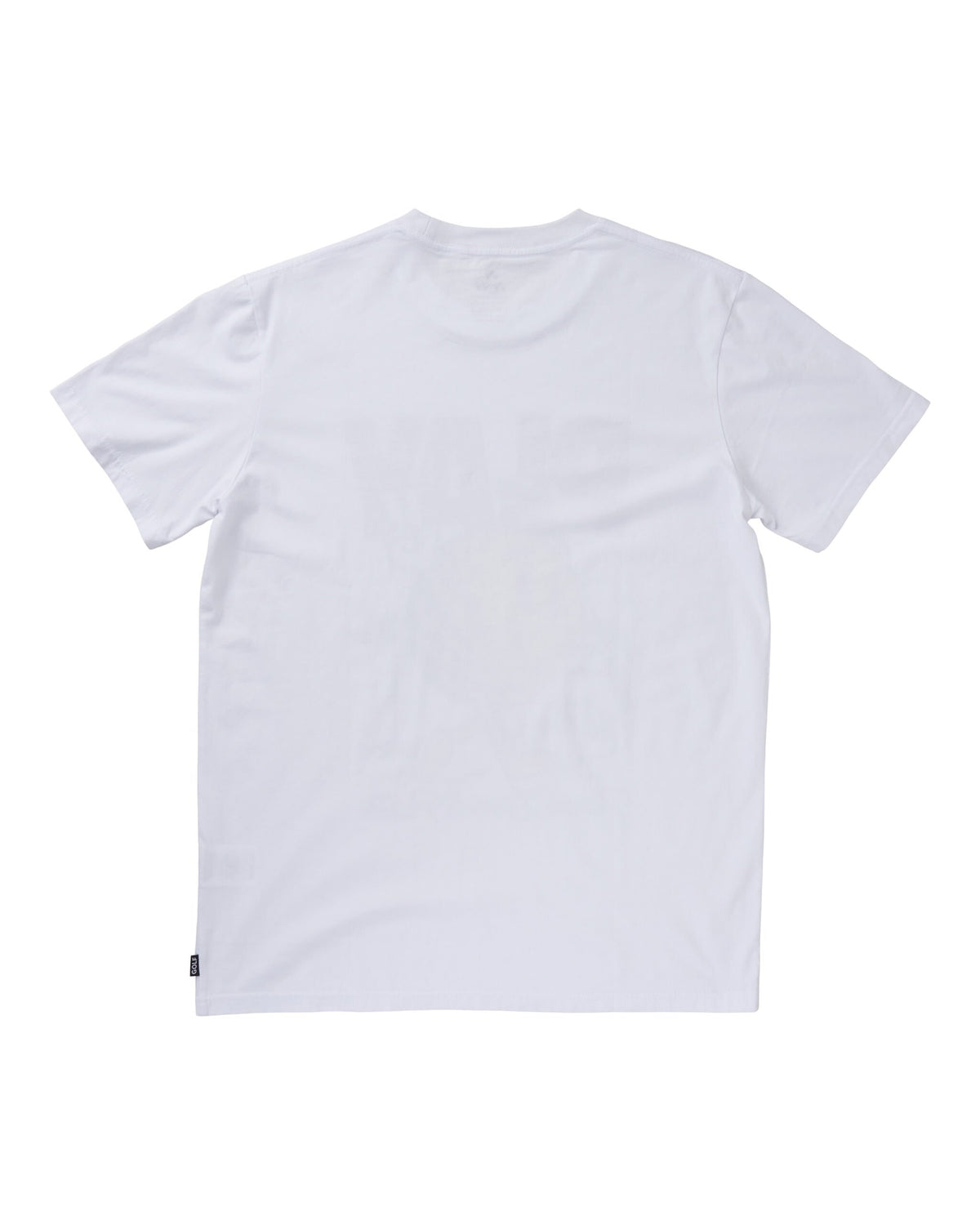 Back of a white t-shirt with a crew neck, showing short sleeves and a small black hem tag.